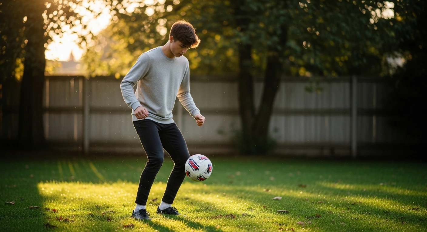 Jovem jogador de futebol treinando controle de bola com uma bola de futebol em um quintal gramado ao entardecer, com luz dourada do pôr do sol.
