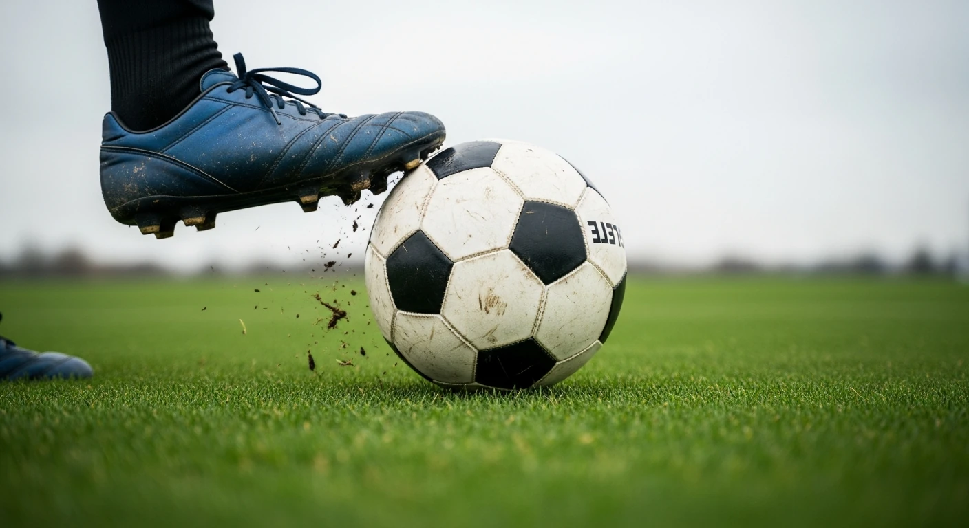 Pé de jogador de futebol em chuteira escura fazendo um passe preciso na bola, com campo de futebol verde borrado ao fundo.